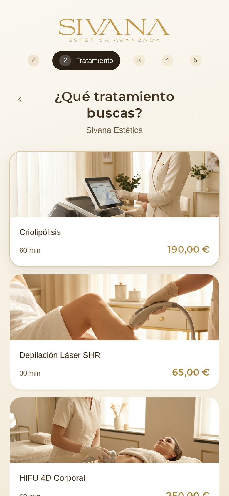 Pantalla de reserva de cita que ve el cliente